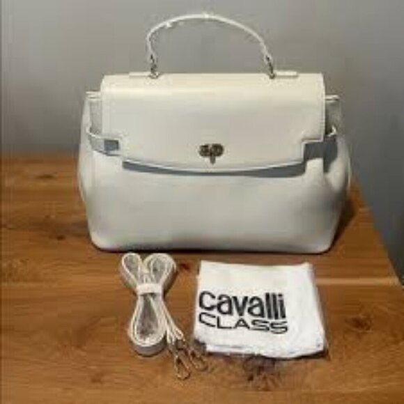 Class Roberto Cavalli Handbags - NWT- CAVALLI TATIANA LARGE CREAM POLISHED STRUCTURED BAG WITH TOP HANDLE